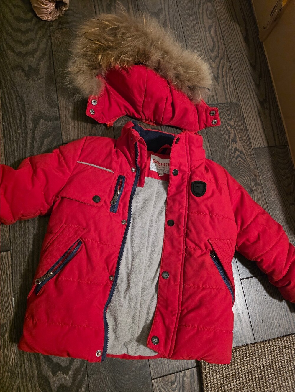 Children's Red Puffer Jacket with Faux Fur-Trim Hood